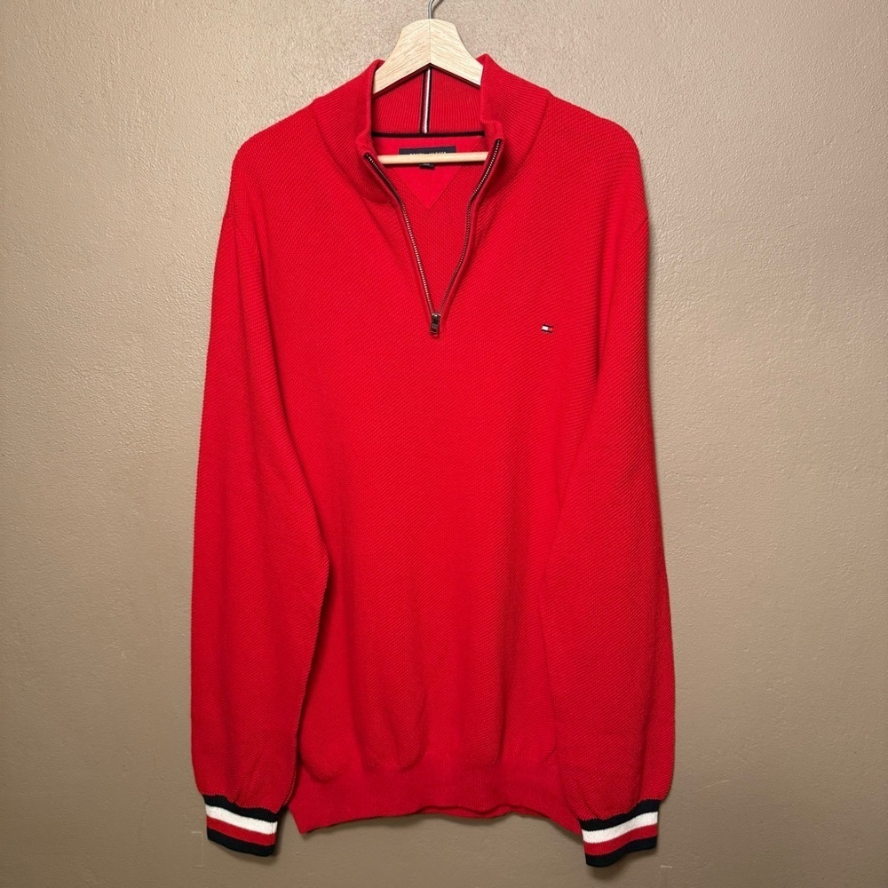 Tommy Hilfiger Red Quarter Zip 100% Cotton Sweater Men’s Size XXL Classic Preppy